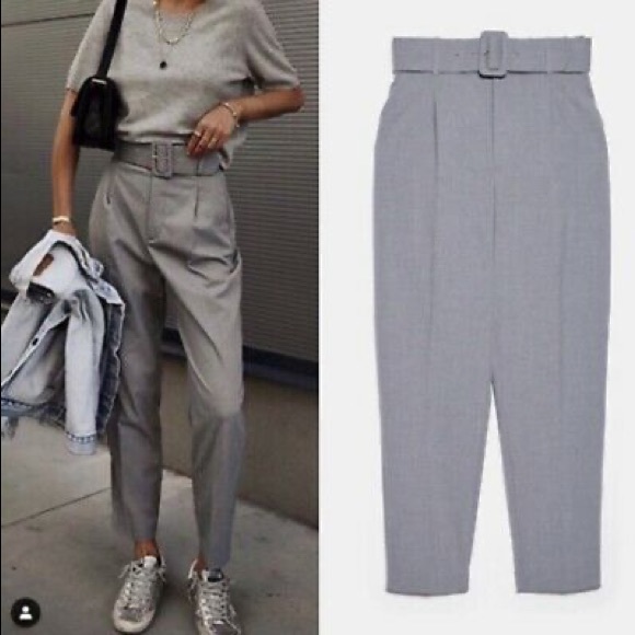 Zara Grey High Waist Trouser Pant with Fabric Covered Belt - Picture 1 of 6